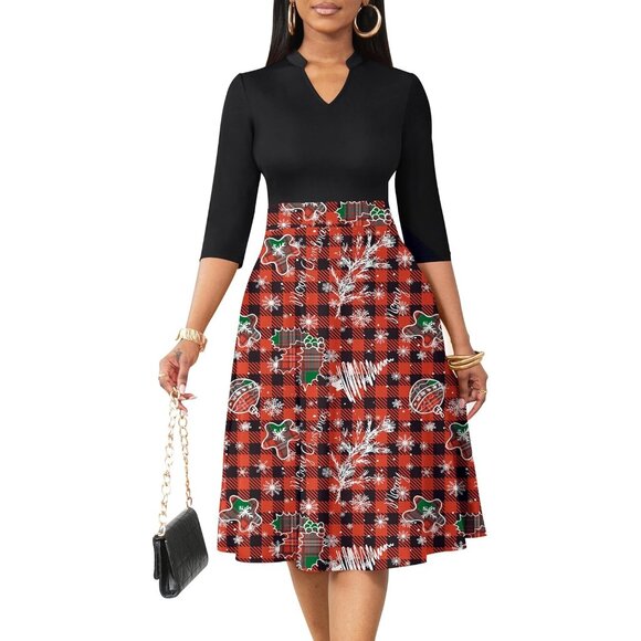 Dresses & Skirts - Women Black Red 3/4 Sleeve Semi Formal Fit and Flare A-line Dress With Pockets